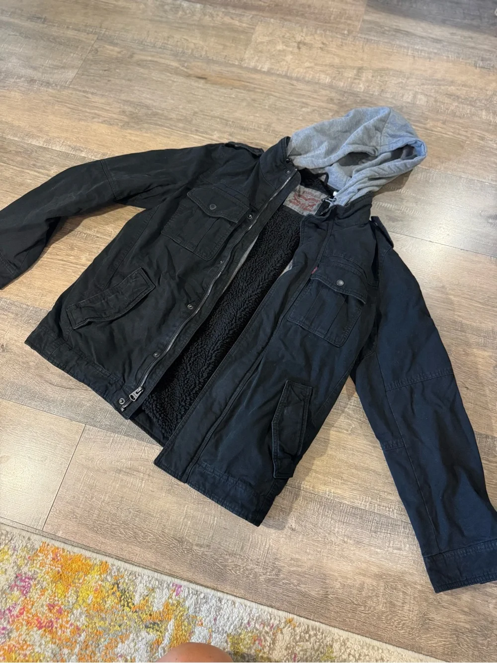 Levi’s Jean Jacket Mens Medium Black Sherpa Lined Trucker Hoodie Zip Up